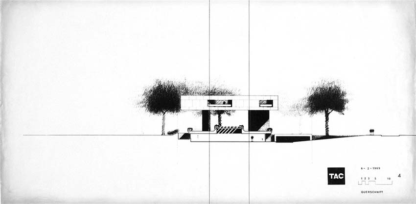 Walter
Gropius / TAC / Amancio Williams: propuesta aérea para la residencia de laEmbajada de Alemania en Buenos Aires, plano elaborado por TAC.