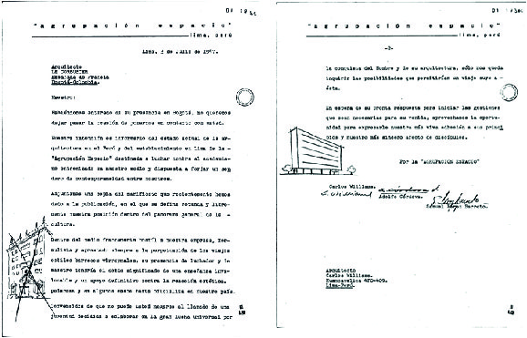 Carta
de la Agrupación Espacio a Le Corbusier. 3 de julio de 1947, dirigida a laEmbajada Francesa en Colombia y firmada por Córdova, Williams y Pérez-Barreto.