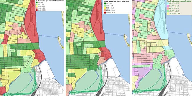 Datos sociodemográficos de la localidad de
Rosario por radio censal: Porcentaje de Hogares con N.B.I / Porcentajes depoblación 25-39 años sin instrucción o primario incomple-to / Porcentaje deobreros o empleados