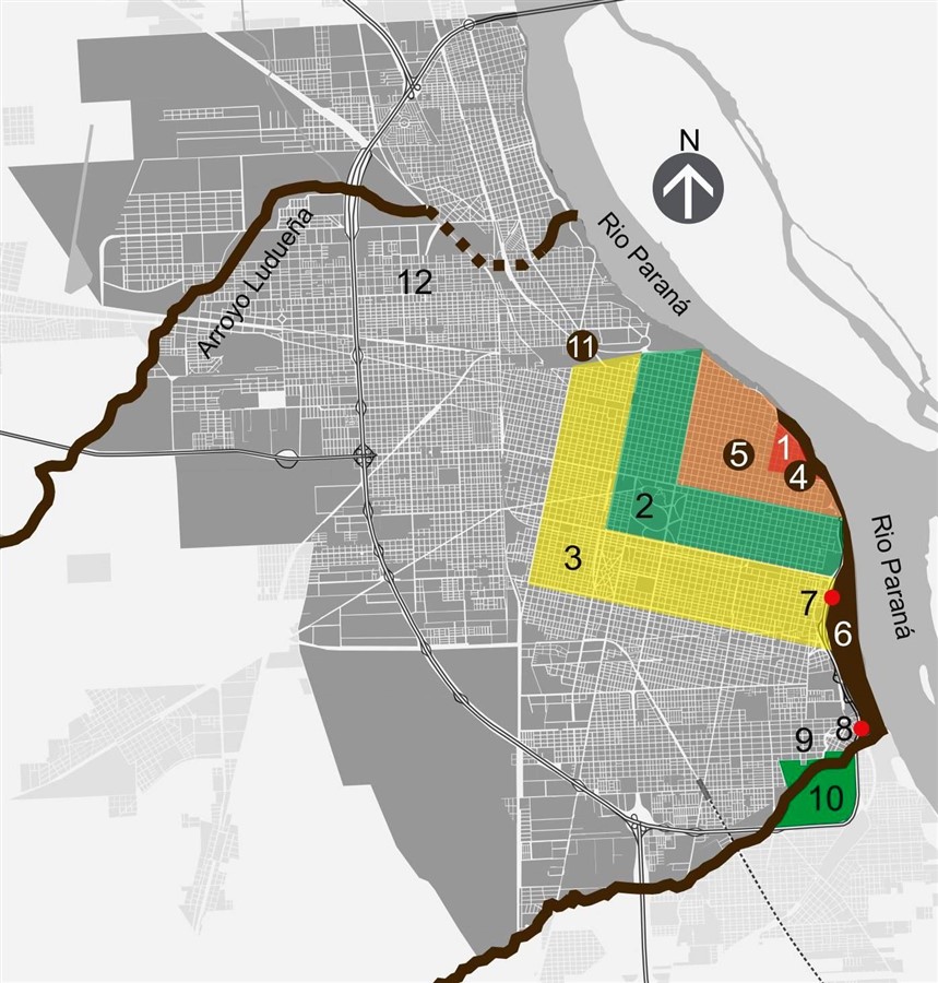 1- La ciudad
(centro) según la Ordenanza de 1873. 2- Suburbios. 3- Extramuros. 4- Laguna deNetto Barreiro. 5- Laguna de Sánchez. 6- El Bajo. 7- Vaciadero. 8- El Mangrulloy el Acceso Sur. 9- Barrio Saladillo. 10. El Baño de Mandinga. 11- BarrioEmpalme Graneros.