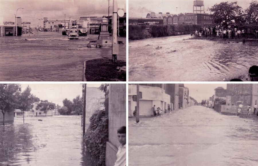  Inundación de 1967
en Arroyito. Arriba izquierda, desborde en Av. Alberdi y Portugal. Arribaderecha: El entubamiento de 1949 del Ludueña, insuficiente. Abajo: barrio EmpalmeGraneros. Colección M.P. Lapadula, Museo Itinerante del Barrio de la Refinería.
 