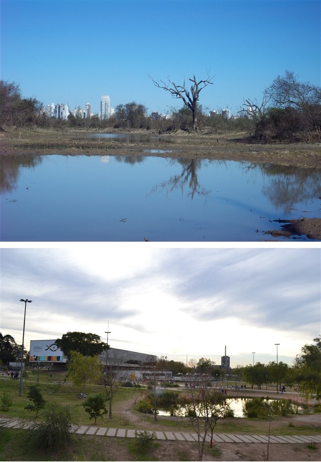 Arriba izquierda:
el agua salvaje en las islas, frente a la ciudad. Abajo izquierda: el Acuariocomo representación monumentalizada y didáctica del agua salvaje.