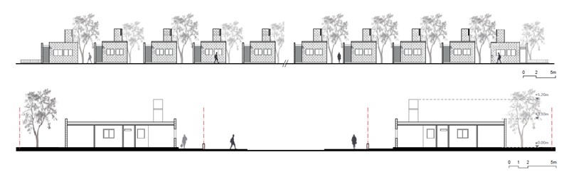 Fachada
del conjunto | Corte transversal calle Carbia

 