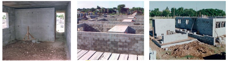 Imágenes del núcleo
sanitario prefabricado durante la construcción. Fotografía: EPEV (1995).
