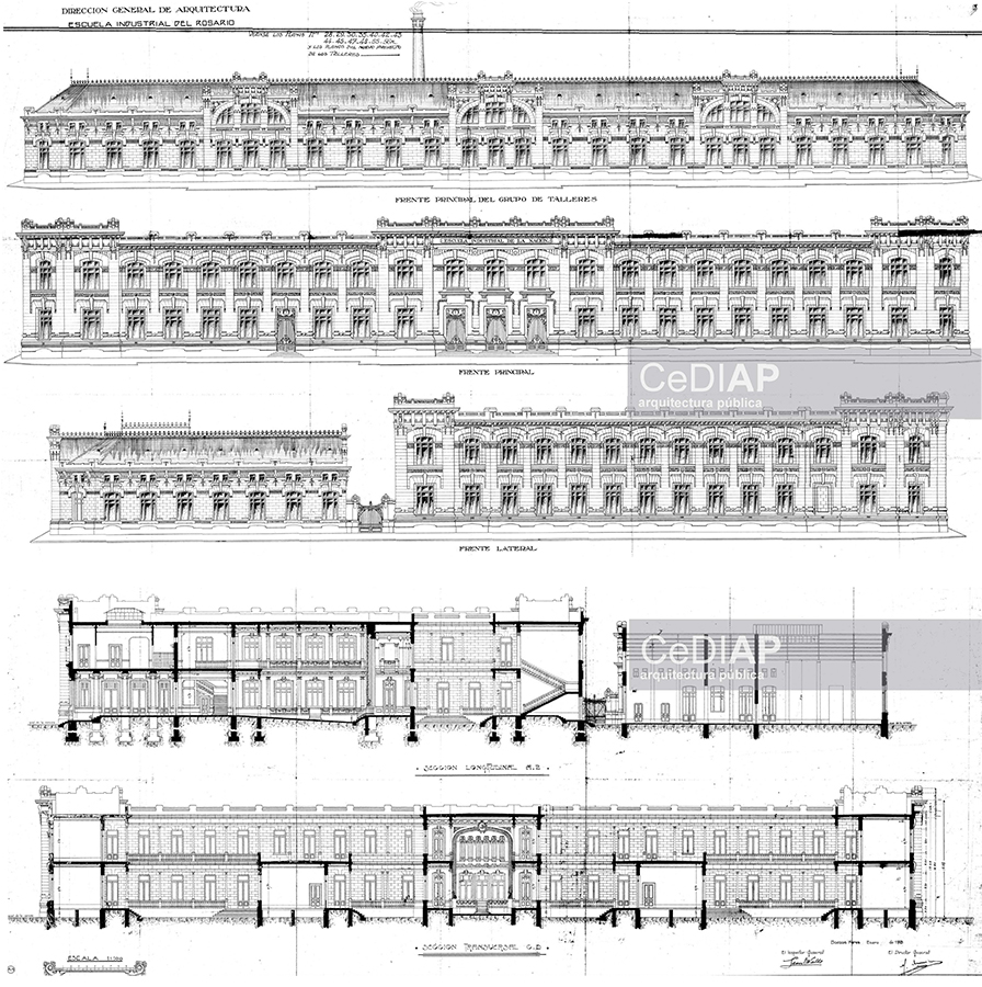 Vistas y cortes proyecto para Escuela
Industrial de la Nación (1913). Fuente: Archivo CeDIAP.