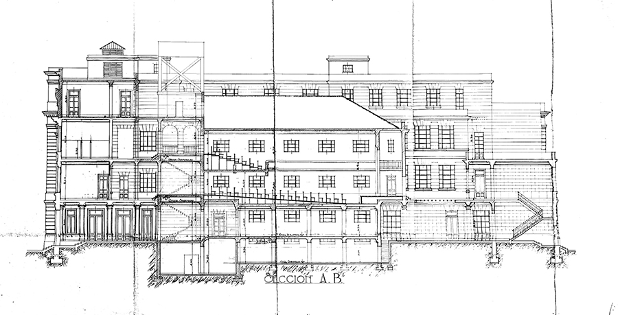 Ampliación edificio (1936-1941). Construcción nuevas aulas sobre patios, y salón de actos. Corte transversal. Fuente: Archivo CeDIAP.