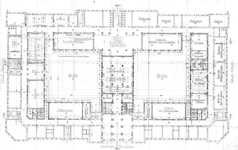 Ampliación edificio (1936-1941). Construcción
nuevas aulas sobre patios, y salón de actos. Planta baja. Fuente: Archivo CentroUniversitario Rosario de Investigaciones Urbanas y Regionales (CURDIUR), UNR.