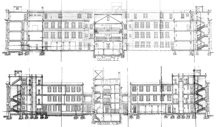 Arriba: Ampliación edificio (1936 -1941).
Cortes longitudinales. Fuente: Archivo CeDIAP. 