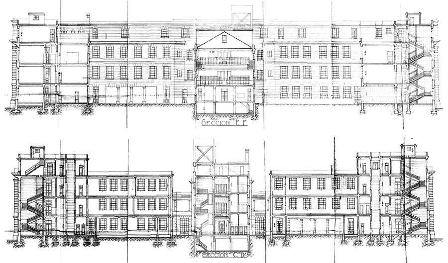 Arriba: Ampliación edificio (1936 -1941).
Cortes longitudinales. Fuente: Archivo CeDIAP. 