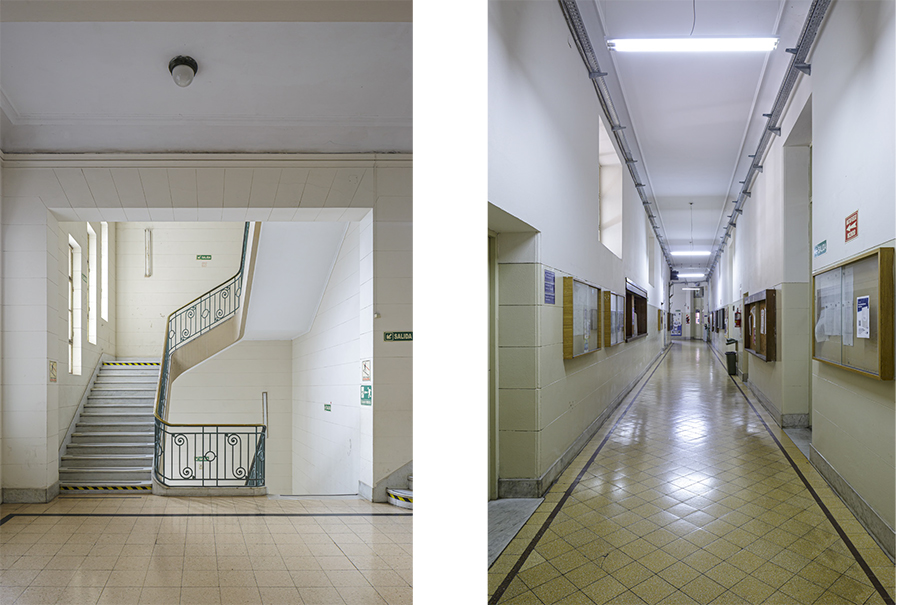 Izquierda: Escalera en hall 1er piso. |
Derecha: Circulación hacia calle Colón desde hall 1er piso.