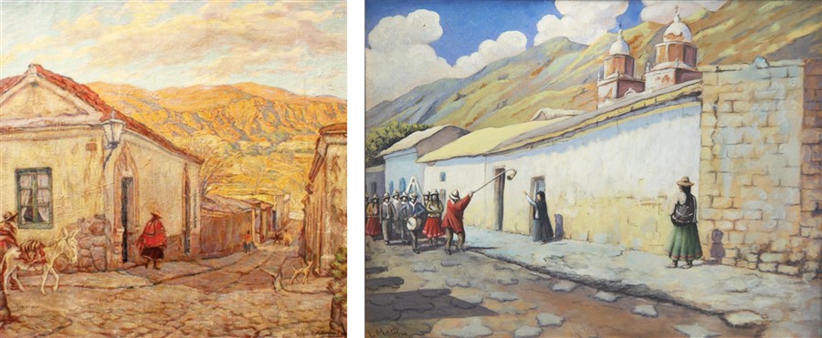 Pintura de Francisco Ramoneda, Calle de
Humahuaca, 1968. &Oacute;leo sobre tela, 97 x 79 cm (Izquierda). Pintura de L&eacute;onie Matthis, Tilcara, s/d. (Derecha).