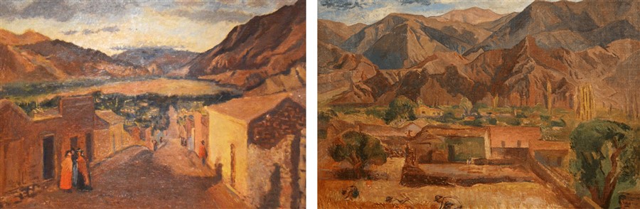 Pintura de Medardo Pantoja, Tilcara,
s/d. (Izquierda). Pintura de Medardo Pantoja, Cosechando trigo 1958. &Oacute;leo sobre tela. 58 x 78 cm (Derecha).
