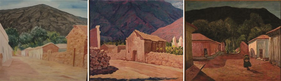 Pinturas de Jos&eacute; Armanini. Paisaje de Jujuy, s/d (Izquierda). Paisaje de Tilcara, Jujuy, 60 x 69 cm sin fecha (Centro). S/D
(derecha).