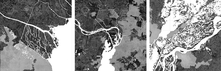 &Aacute;reas comparadas Porto Alegre, Tigre (AMBA), Santa Fe (AMSFE).
Informaci&oacute;n gr&aacute;fica: agua (blanco), tierra (transparencia), urbanizaci&oacute;n
(trama). 