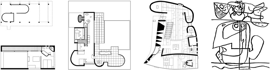 De izquierda a derecha: Casa Citrohan, plantas; Villa Savoye, planta terraza jardín; Capilla de Ronchamp, planta baja; Taureau, pictograma.