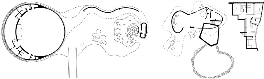 De izquierda a derecha: Casa do baile, planta baja; Casa das Canoas, planta baja y sótano.