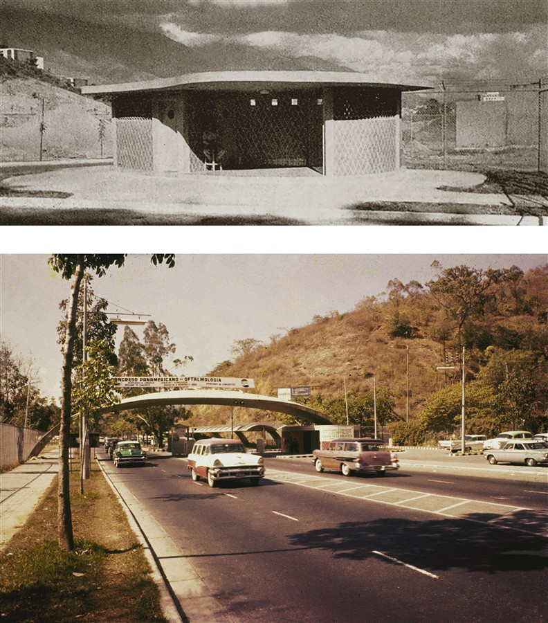 Arriba: Caseta de vigilancia con alero. Fuente: Memoria y Cuenta del Ministerio de Obras Públicas, República de Venezuela, ca. 1954-56. Abajo: Acceso con arco estructural.