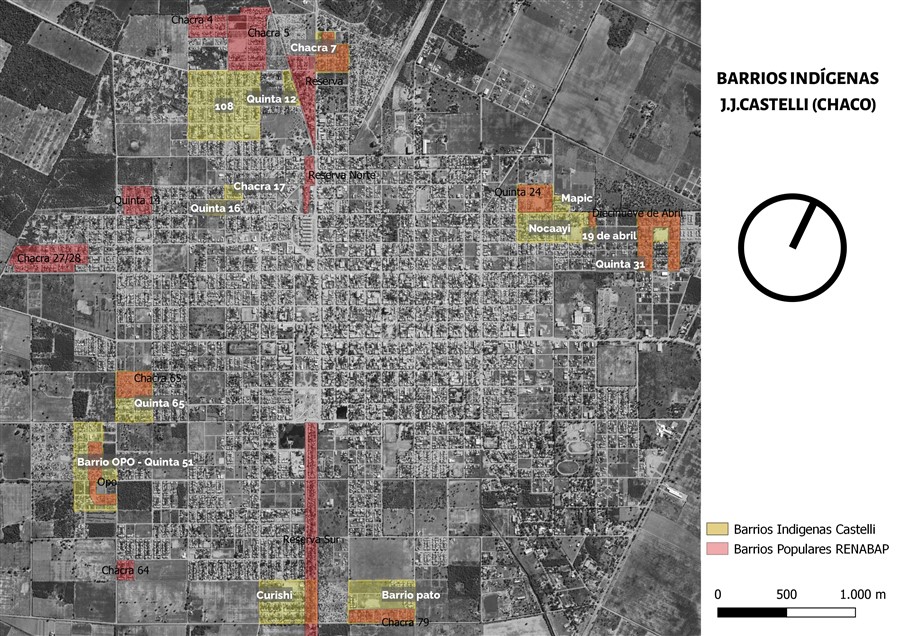 Mapa de barrios populares con población indígena en J. J. Castelli (Chaco)