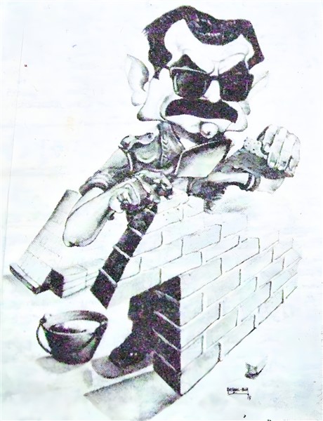 Caricatura de Antonio Facundo Serrano construyendo el Chaco con ladrillos
