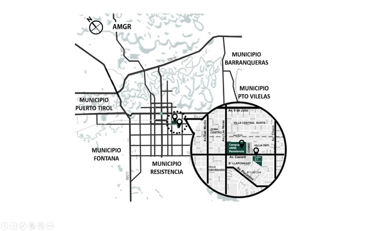 Plano del &Aacute;rea Metropolitana Gran Resistencia y ubicaci&oacute;n del campus universitario de la UNNE en Resistencia