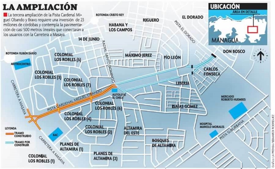 Extensi&oacute;n de la pista Cardenal Miguel Obando y Bravo. Autor del gr&aacute;fico: Bismarck Rodr&iacute;guez.
