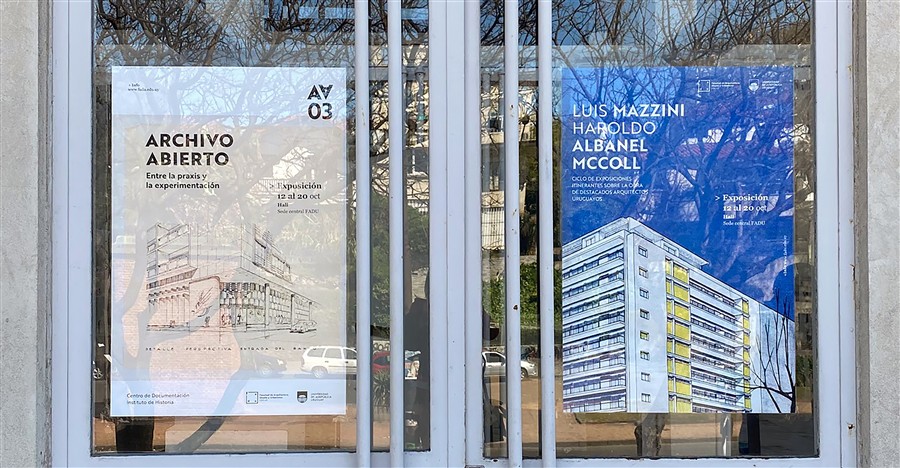 Afiches de exposiciones Archivo Abierto y Arquitectos Uruguayos realizadas en la sede de FADU-Udelar en octubre del 2022.