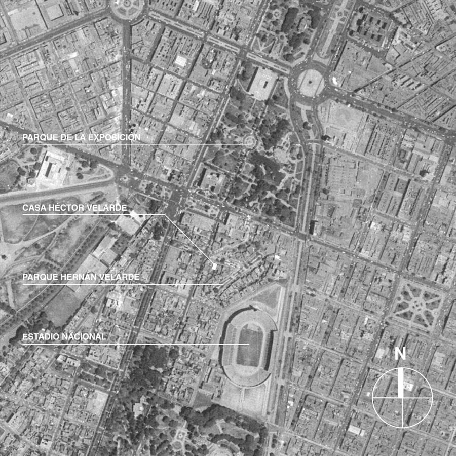 Casa de Héctor Velarde en Santa Beatriz, 2025 [1961]. Servicio Aerofotográfico Nacional.