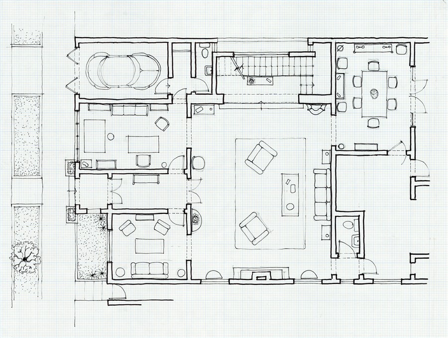Plano de distribución de la primera planta de la casa de Héctor Velarde en Santa Beatriz, 2025.
