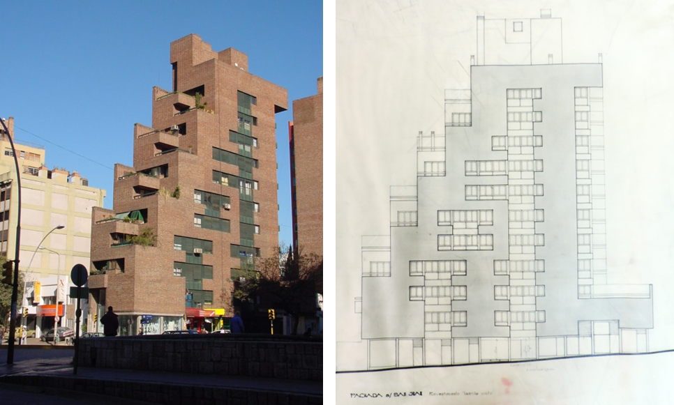 El edificio &lsquo;Florida II&rsquo; (1971) sobre La Ca&ntilde;ada, un arroyo sistematizado que atraviesa el centro de la ciudad. Es una de las obras m&aacute;s representativas del Togo D&iacute;az, apodada localmente el escalonado.