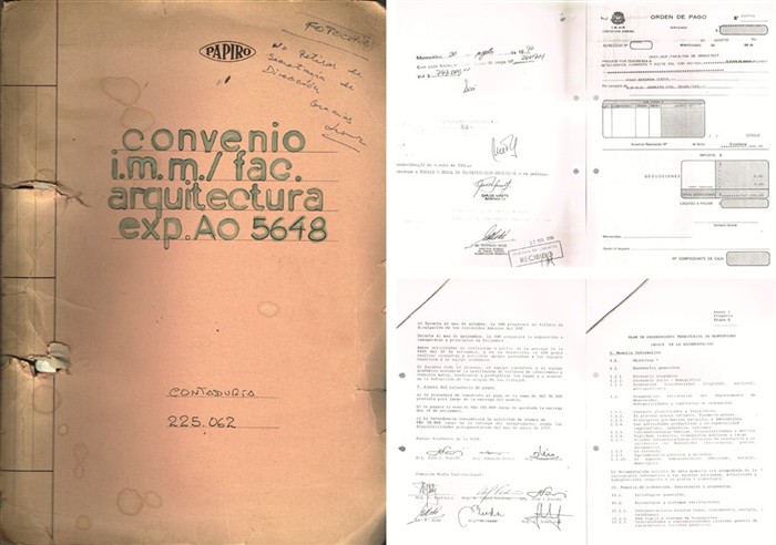 P&aacute;gina de firmas, orden de pago y portada del expediente AO 5648. Nota. Convenio IMM/Facultad de Arquitectura.