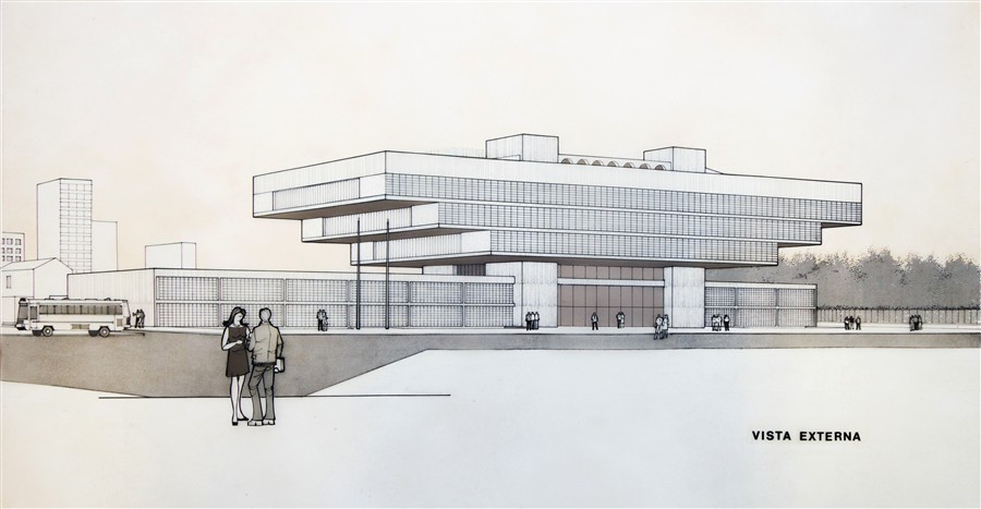 MKN.07.3.16 – Perspectiva exterior del proyecto para el concurso de la Biblioteca Municipal de Río de Janeiro (1984).