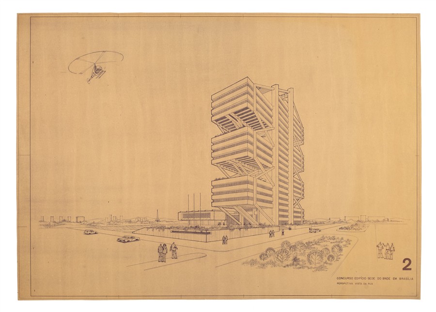 MKN.32.1.02. Perspectiva exterior del proyecto para el concurso de la sede del Banco Nacional de Desarrollo Económico (BNDE) en Brasilia.