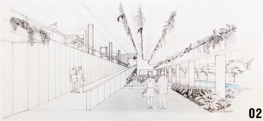 MKN.46.1 – Perspectiva interior del restaurante y salón de exposiciones del proyecto para el concurso del Pabellón Brasileño en la Exposición Internacional de 1992, en Sevilla (1991).