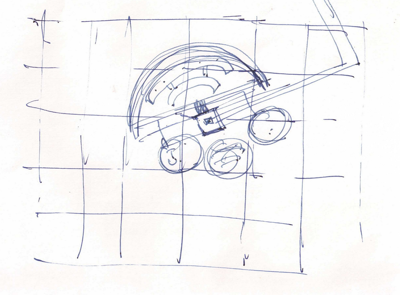 Croquis de estudio proyecto Biblioteca Central y Refuncionalización Torre-Tanque, UNCU (Mendoza). Autor: Juan A. Brugiavini (c. 1997).