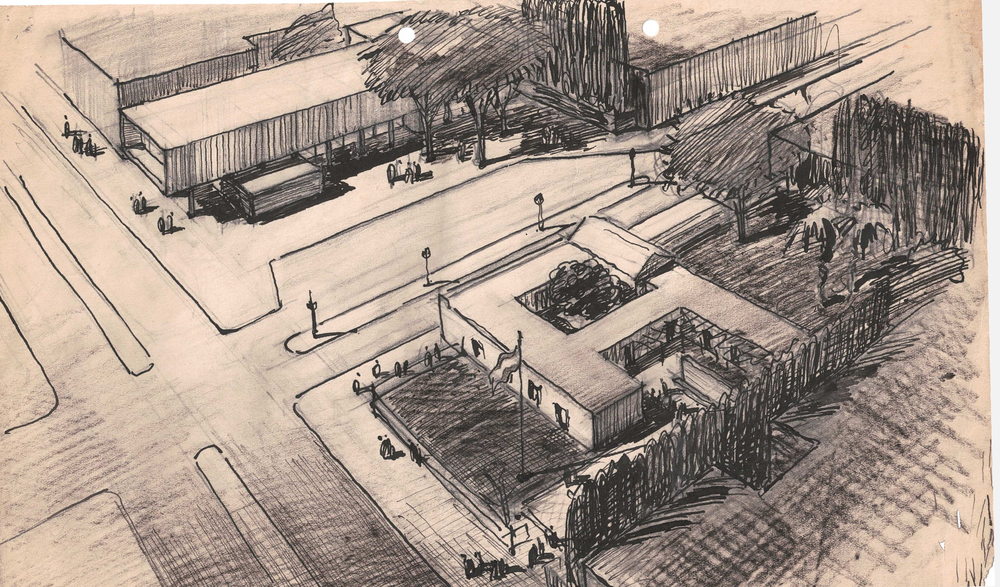 Axonometría de la propuesta de intervención urbana realizada por Ramos Correas en la ciudad de San Juan. Remodelación de la casa de Sarmiento y construcción Dirección de Turismo.