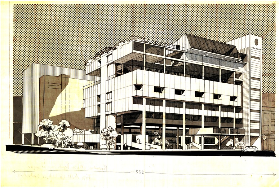 Proyecto DAS. Perspectiva peatonal. Tinta y letrat&oacute;n sobre papel de calco.
