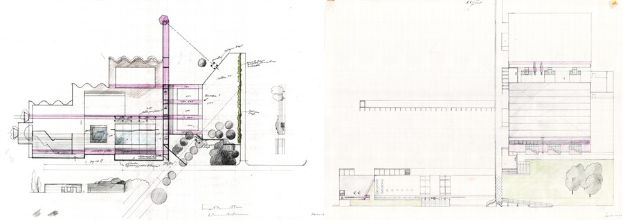 Proyecto Parque Sarmiento. Izquierda: estudio de planta y vistas. Derecha: axonometr&iacute;a. L&aacute;pices sobre hojas de calcar.