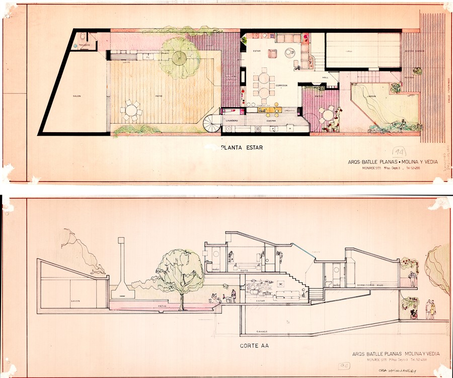 Proyecto casa Jotimliansky. Planta y Corte longitudinal. L&aacute;piz de color sobre copia heliogr&aacute;fica.