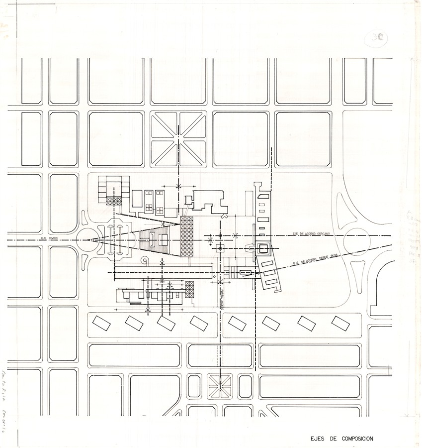Proyecto Concurso para la ampliaci&oacute;n del Centro C&iacute;vico de La Pampa. Planta con ejes de composici&oacute;n. Tinta sobre papel de calcar.