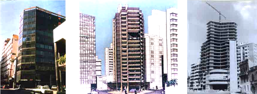 Izquierda a derecha: Fotograf&iacute;a edificio de oficinas Ricardone (1980, Corrientes y Ricardone, Rosario) / Perspectiva edificio residencial S+B+S (1977, Mendoza y Necochea, Rosario) / Fotograf&iacute;a del edificio Farall&oacute;n y linderos en construcci&oacute;n.