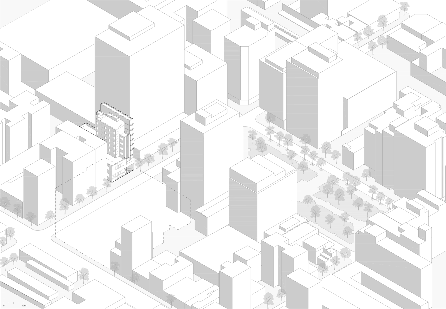 Vista axonométrica de la obra y su entorno urbano actual.