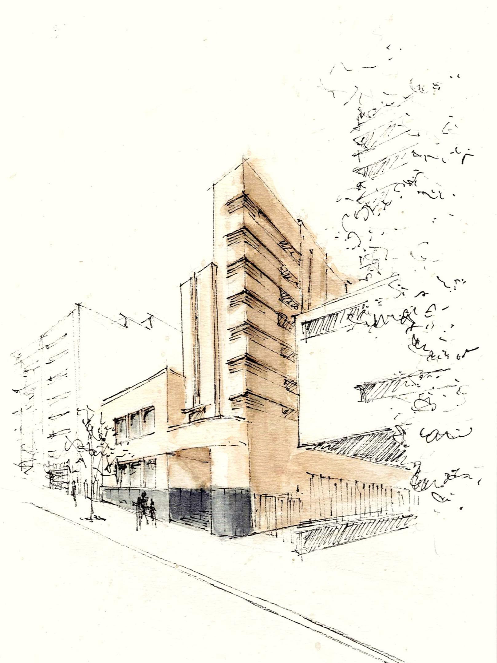 Perspectiva con acuarela del edificio en su estado actual. Autora: Arq. Florencia Ciceri.